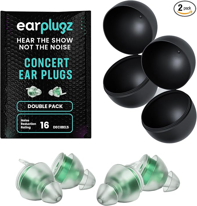 Plugz Lightweight Green High Fidelity Ear Plugs - Easy to Wear Concert Ear Protection, All-Day Comfort Earplugs Noise Cancelling Up to 23dB, Two Pairs Invisible Ear Plugs in Sleek Portable Case