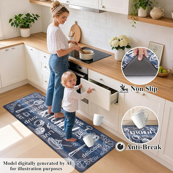 HEBE Anti Fatigue Kitchen Rugs Set of 2, Non Slip Cushioned Kitchen Mats for Floor, Waterproof Farmhouse Comfort Standing Desk Mat for Kitchen Sink,Office,Laundry