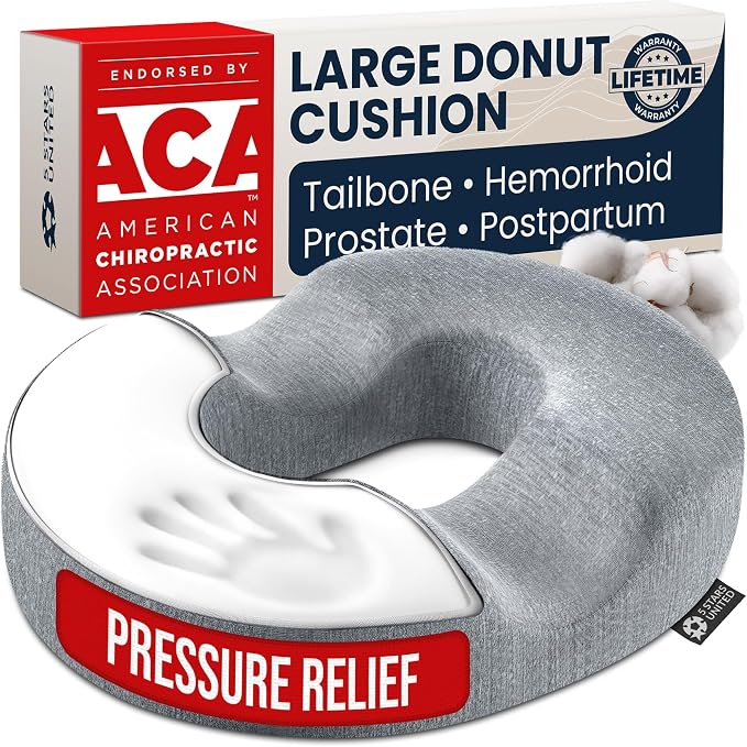 5 STARS UNITED Donut Pillow for Tailbone Pain & Hemorrhoids – Large Memory Foam Seat Cushion for Bed Sore-Prone Areas & Pressure Relief – Prostate, Postpartum & Pregnancy Support, Gray Cotton Cover