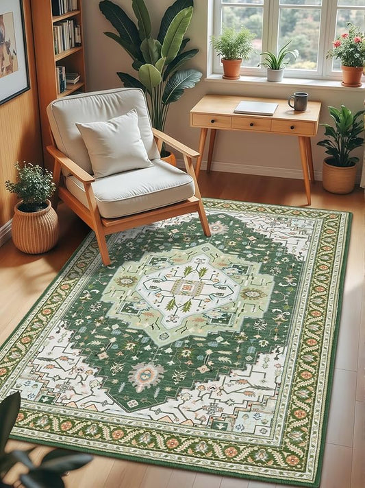 Macgace 3x5 Green White Area Rug for Living Room, Machine Washable Rugs with Non-Slip Backing for Bedroom, Vintage Medallion Carpet Kitchen Laundry Kids Room Decor