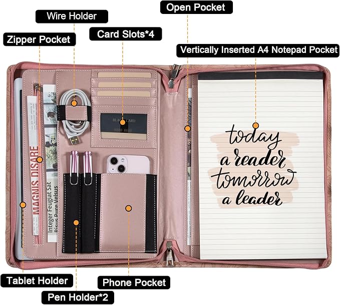 Generic Zippered Leather Padfolio Portfolio with Hidden Handle and Clipboard, Business Conference Organizer Notepad Folder, Portfolio Bag, Padfolio for Women/Men (Pink)