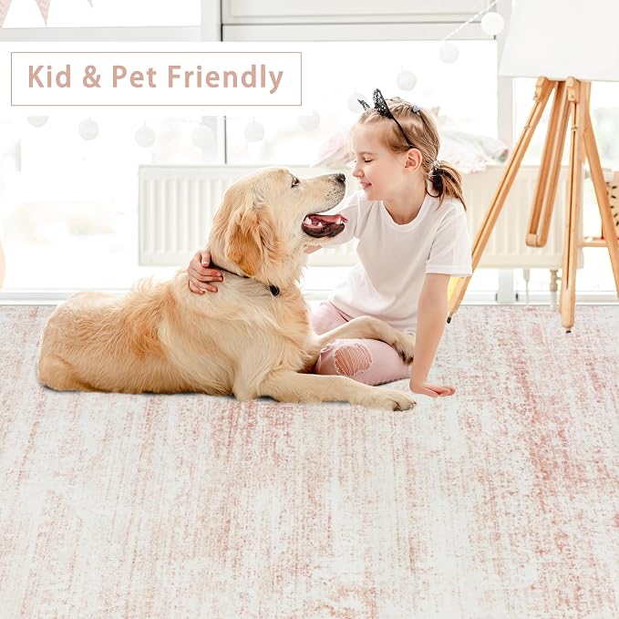 Srugn Washable Rugs 6x9 Area Rugs for Living Room,Bedroom,Dining Room- Ultra Soft Faux Wool Nursery Rug for Baby Girl,Neutral Light Pink Low Pile Vintage Carpets for Dorm Kids Playroom,Non Slip