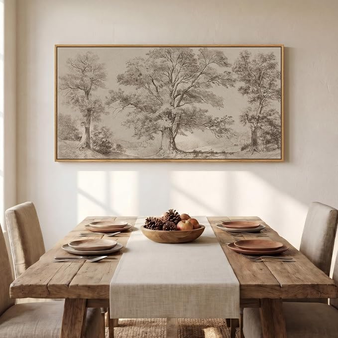 Framed Vintage Landscape Wall Art for Living Room, Large Horizontal Neutral Canvas Artwork for Walls, Tree Pictures Prints Paintings for Bedroom Dining Room Wall Decor, 24x48 Inch
