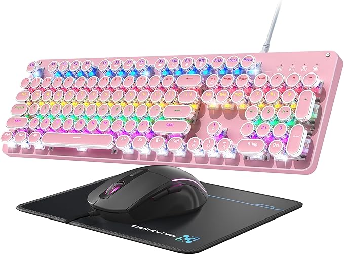 Typewriter Mechanical Gaming Keyboard and Mouse, Metal Panel Retro Keyboards with Round Keycap Blue Switch, Rainbow LED Backlit 104-Key Anti-Ghost Wired Mouse and Pad Combo for PC Laptop Mac Gamer