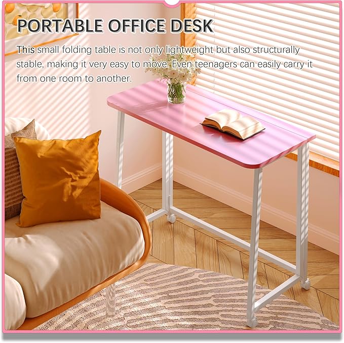 4NM 31.5" Mobile Small Folding Desk, Foldable Rolling Computer Home Office Desk, Study Writing Table for Small Space Saving Bedroom, with Wheels - Pink and White