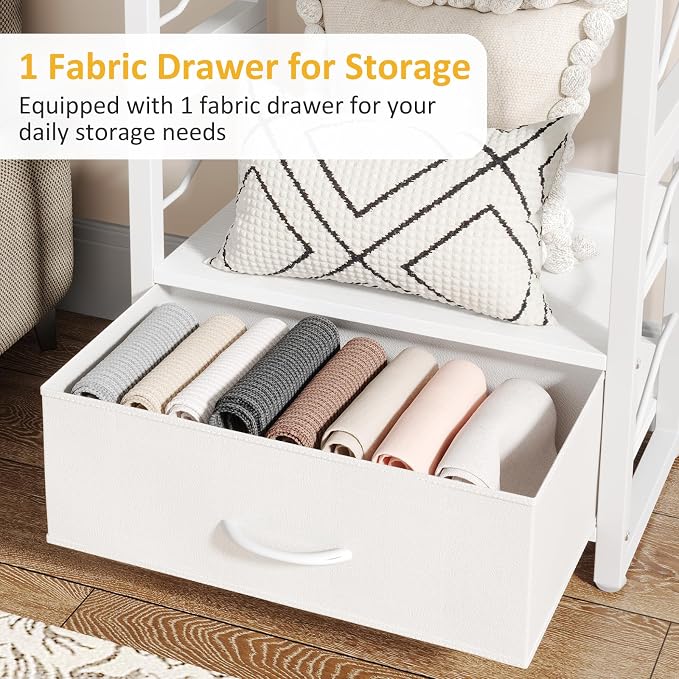 Hosfais Small Bookshelf with Drawer - 4-Tier Wood Book Shelf Industrial Narrow Bookcase Storage Organizer Metal Stackable Shelves for Desktop Bedroom Living Room Home Office (White)