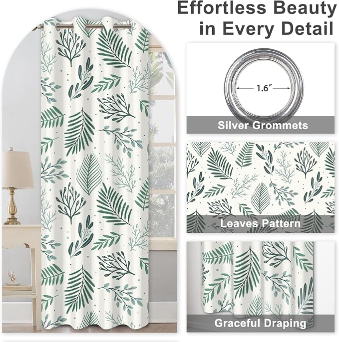 Blackout Curtains for Bedroom and Living Room, Green Leaves Grommet Thermal Insulated Bedroom Curtains Room Darkening Drapes 84 Inch Length 2 Panels Set, Reduce Outside Noise, Maintain Privacy