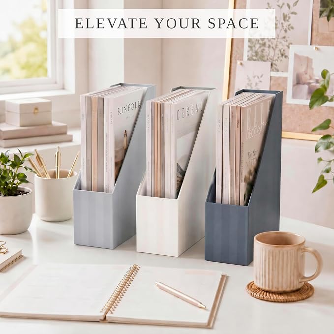 Beautiful Magazine Holder Set of 3 - Sturdy File Holder to Organize Your Desk or Shelves - The Perfect Office & Work Storage to Effortlessly Arrange Your Paperwork, Files, Magazines, Books or Binders