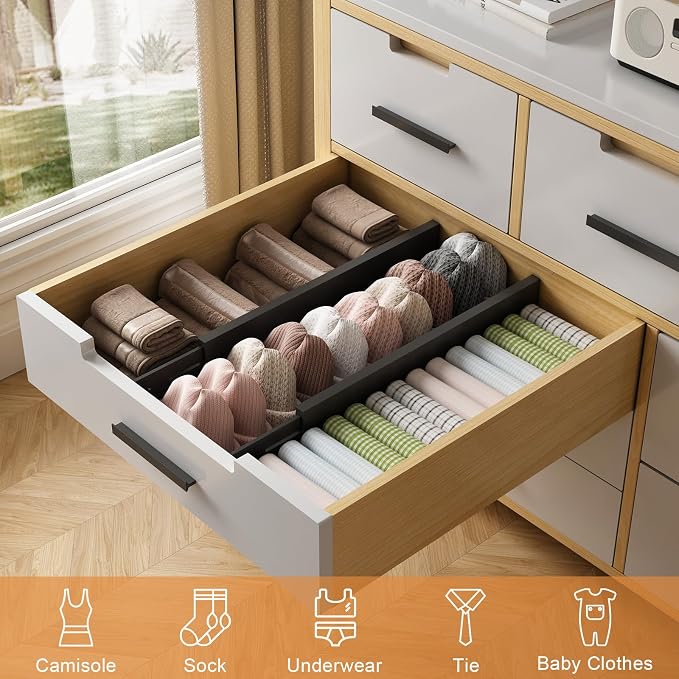 Bamboo Drawer Dividers, Adjustable Drawer Organizers, Fits 17.6–21" Drawers | 2.5" High, 4 Pack Expandable Drawer Separators for Kitchen, Nursery, Dressers & Office Storage, Black