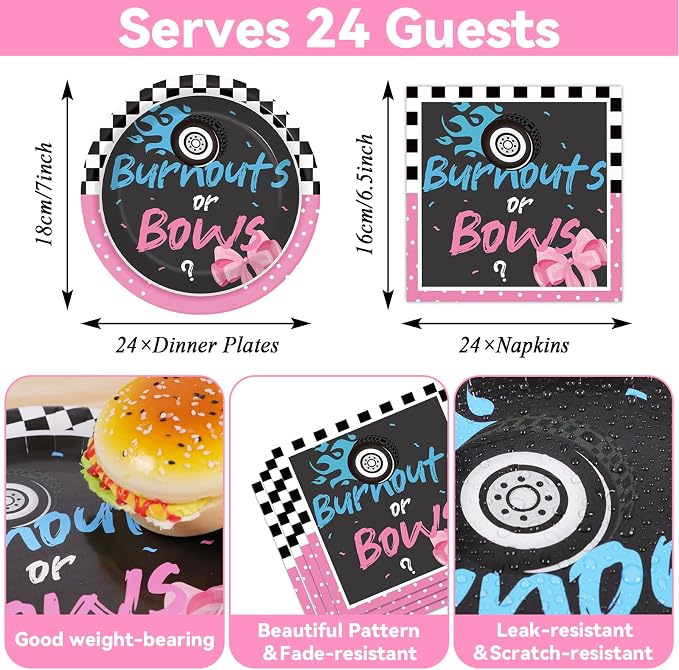 Qyeahkj Burnouts or Bows Gender Reveal Party Supplies Serves 24 Baby Boy or Girl Party Decorations Paper Plates Napkins Gender Reveal Tablecloth Set Tableware Kit for Baby Shower