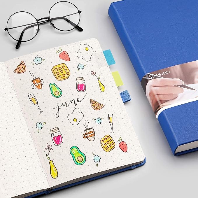 EMSHOI Dotted Journal Notebook, 256 Pages, 120 GSM Thick Paper, A5 Small 5.75"x8.38", PU Leather Hardcover, 5mm Dot Grid Notebook for Journaling, Planning, Drawing, Writing, Blue