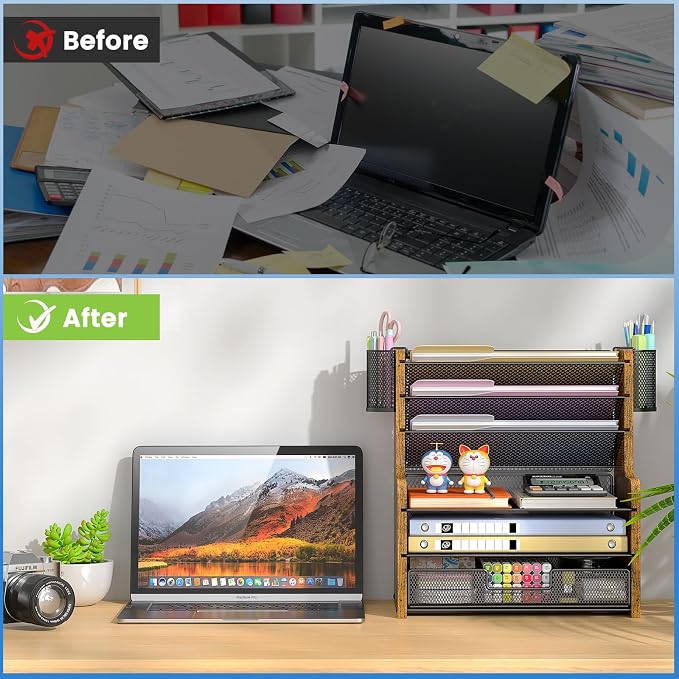 DAOUTIME 6-Tier Mesh Desk Organizer with Drawer, Wooden Office Organizer for Papers, Folders & Office Supplies - Sturdy Desktop File Holder with 2 Pen Holders - Space Saving Home Office Accessories