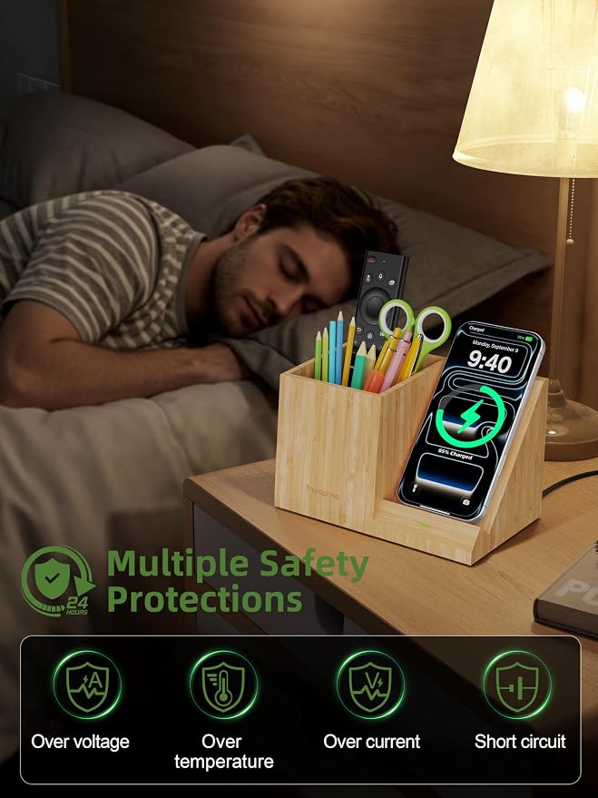 Bamboo Pen Holder for Desk with Wireless Charger, Desktop Organizer & Pencil Holder, Fast Wireless Charging Stand for iPhone, Samsung & More, Multifunctional Pen Organizer for Office, School, Home