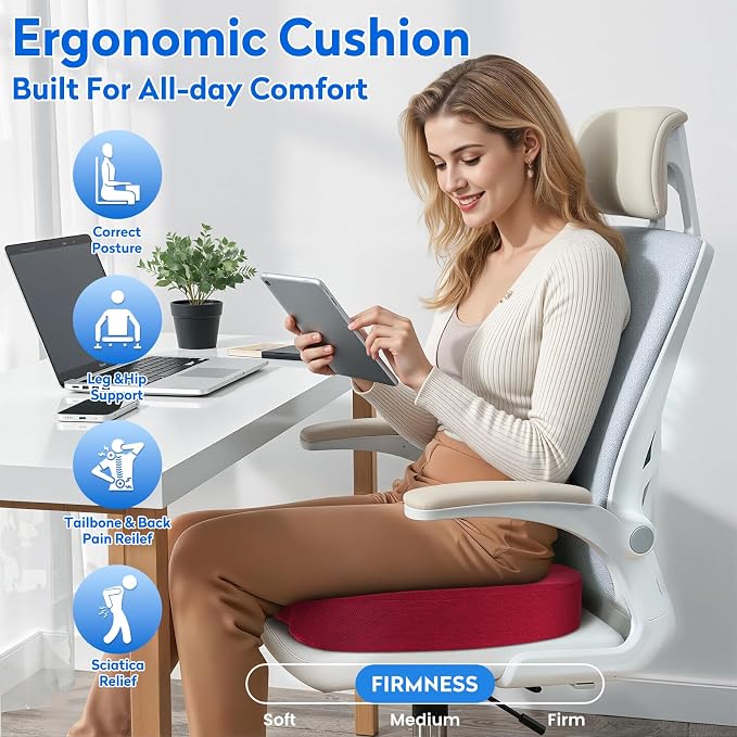 XXL Seat Cushion Office Car Seat Cushion, Memory Foam Cushion for Office Chair, Car Seat, Airplane, Bleacher Non-Slip Chair Pad (Red