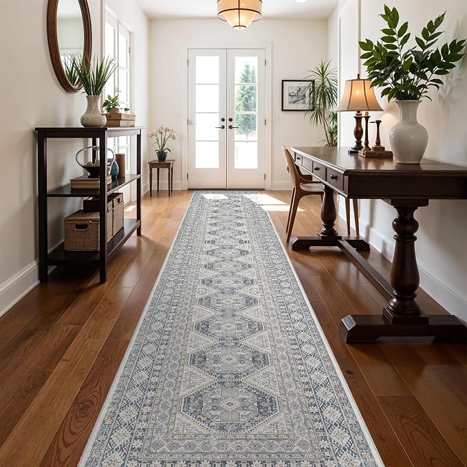 3x16 Runner Rug Kitchen Washable:Oriental Indoor Hallway Runners with Non Slip Backing Floor Mat for Entryway Door Low Pile Thin Carpet for Bedroom Bathroom Living Room Bedside (Blue, 3x16)