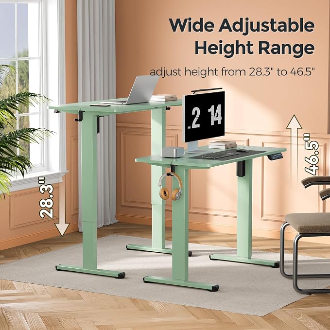 Small Electric Standing Desk, 35" ×20" Standing Table, Height Adjustable Compact Sit Stand Workstation with Splice Board, Home Office Desk with 2 Hooks, Sage Green
