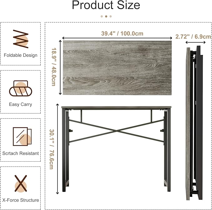EMODA 40 inch Folding Desk No Assembly Required Home Office Desk Study Writing Gaming Computer Table, Black Oak
