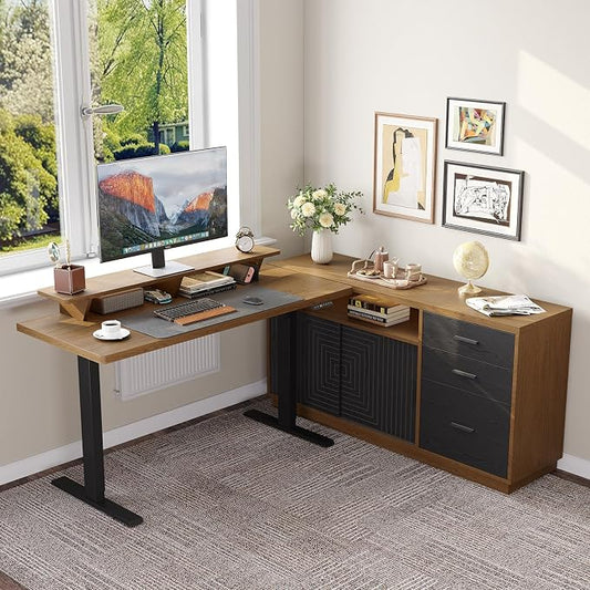 ONBRILL 63" Electric Standing Desk with 55" File Cabinet, Adjustable Height Home Office Furniture Set with Monitor Stand and 3 Drawers, Executive Workstationfor Home Office, Oak Brown