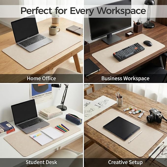 Premium Faux Leather Desk Mat & Tray Set，Innovative Cork-Look Printed Base，Gift Tube Packaging，Full-Desk Coverage，Non-Slip Desk Pad for Office Home（Ivory White）