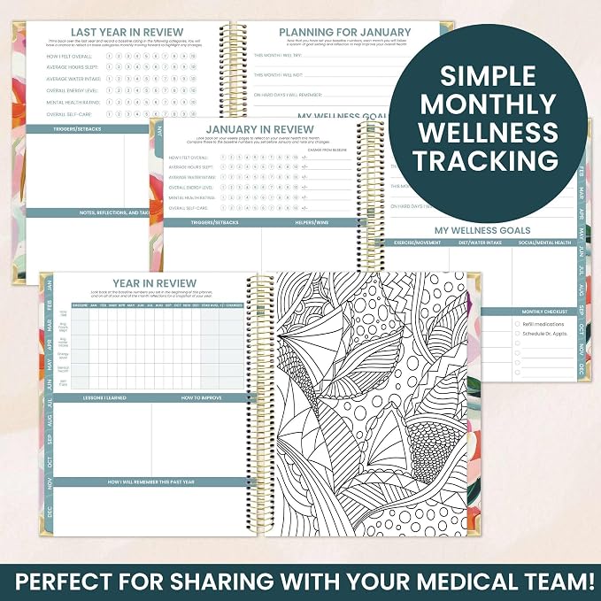 bloom daily planners Undated Chronic Illness Planner & Medical Journal - 12 Month Pain & Symptom Tracker, Mood & Medication Log, Appointment Organizer (7” x 9”) - Brushstroke Blooms