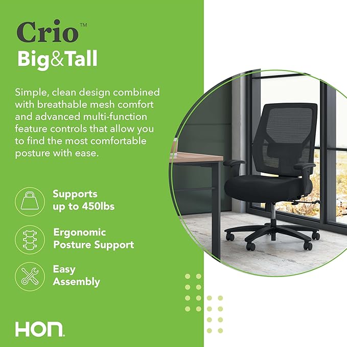 HON Crio Big and Tall Ergonomic Mesh Office Chair, Extra‑Wide High‑Back Desk Chair with Adjustable Arms, Lumbar Support, Heavy‑Duty Tilt Recline, Swivel Wheels, Black Frame, Black