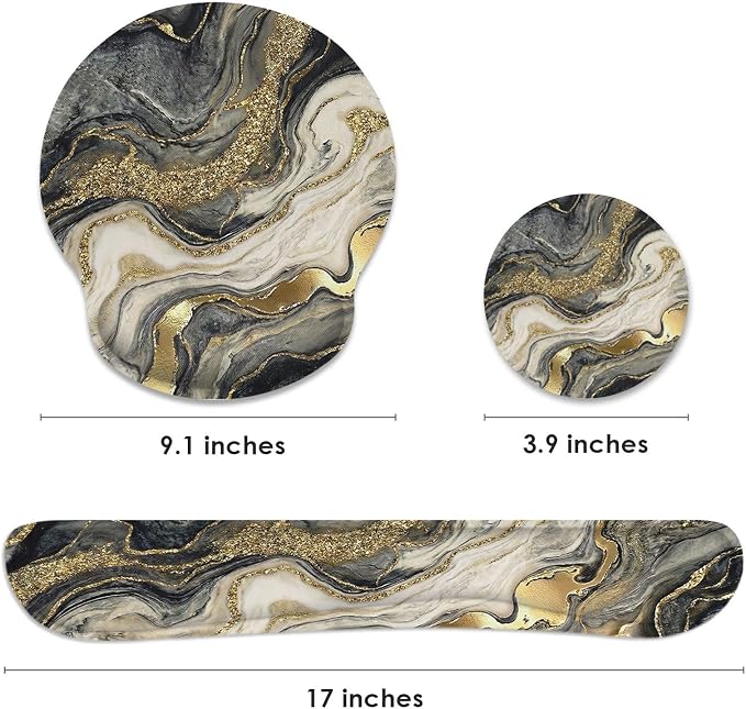 Britimes Marble Abstract Black Gold Glitter Ergonomic Mouse Pad Set with Wrist Rest Non-Slip Rubber Base Wrist Cushion Support and Coasters Mousepad with Wrist Support for Computer Keyboard and Desk