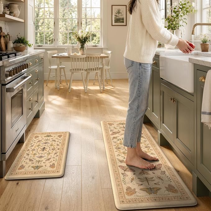 KIMODE Kitchen Mats for Floor 2 Piece Anti Fatigue Cushioned Kitchen Rugs | 17 x29+17"x47", Beige,Vintage Butterfly,Non Slip Waterproof,Memory Foam,Standing Mats,for Laundry Sink Office Home Decor
