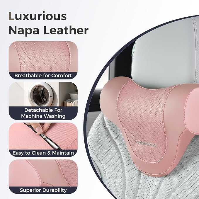 Coverado Car Headrest Pillow, Ergonomic Memory Foam Car Neck Pillow for Driving Seat with Adjustable Strap, Soft PU Leather Breathable Removable Cover Neck Support for Neck Pain Relief, Pink