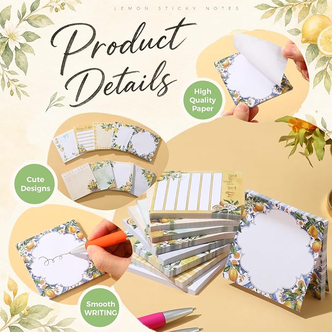 9 Pads Lemon Sticky Notes 3x3 Inch Cute Self Stick Notepads Notes Adhesive Memo Pad Office Decor Gifts for Students School Teacher Meeting Office Supplies