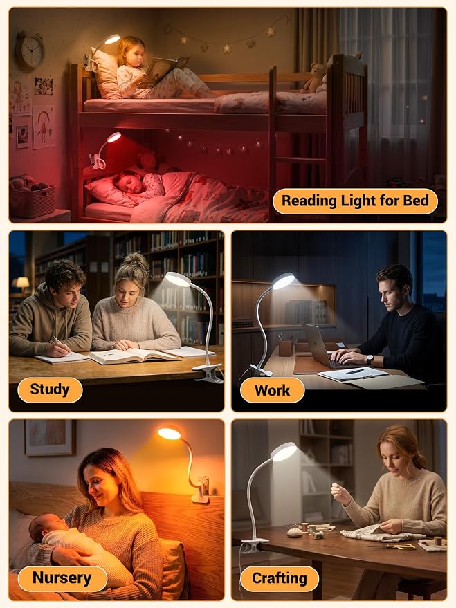 Clip on Lamp,10 RGB Colors+10 Brightness Clamp Light, 500 Lumen Bright Desk Lamp with Clamp, 72 LED Desk Light with USB Adapter, Clip on Reading Light for Bed/Headboard/Bedside Table/Bedroom/Dorm