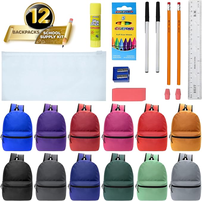 Moda West 17 Inch Bulk Backpacks with 16 Piece School Supplies Kits - Pens, Pencils, Crayons - Case of 12 Wholesale Backpacks in 12 Assorted Colors