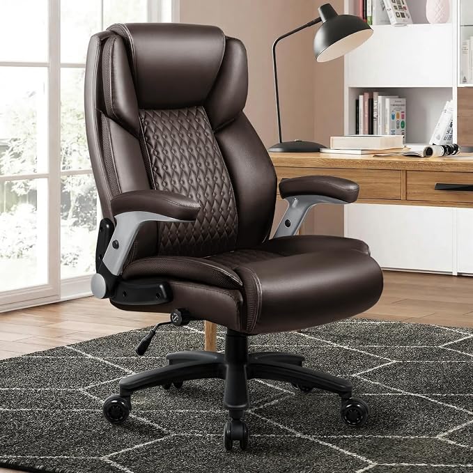 VITESSE 600lbs Big and Tall Office Chair with Flip up Armrest, Large Heavy Duty with Ergonomic Lumbar Support, Executive Office Chair for Heavy People with Rubber Wheel(Brown)