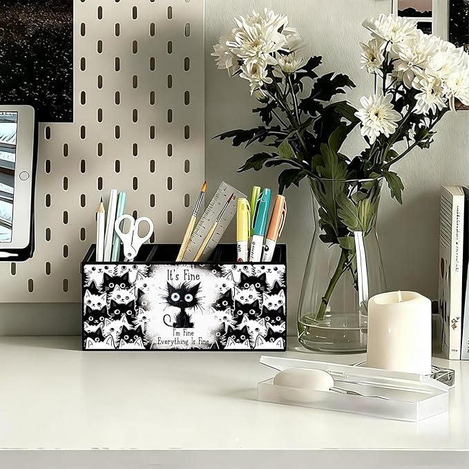 Funny Black Cat Pen Pencil Holder for Desk, Funny Office Gifts for Coworkers, Black Cat Gifts for Women, It's Fine Everything Is Fine Wooden Box Sign Decorations for Home Office Desk Tabletop