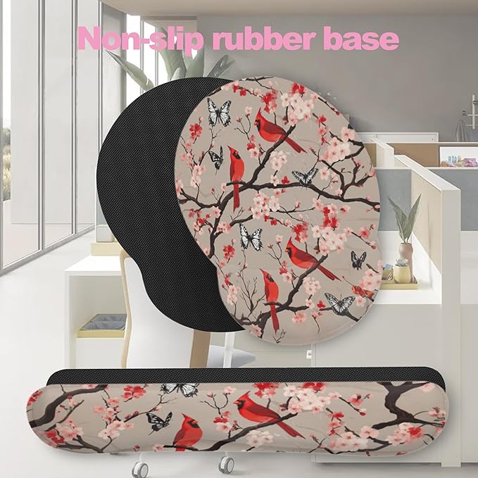 Cardinal Cherry Blossom Butterfly Keyboard Wrist Rest Pad and Mouse Pad Wrist Support Set,3-in-1 Ergonomic Mouse Pad with Non-Slip Rubber Base for Home Office Game Computers Desk,