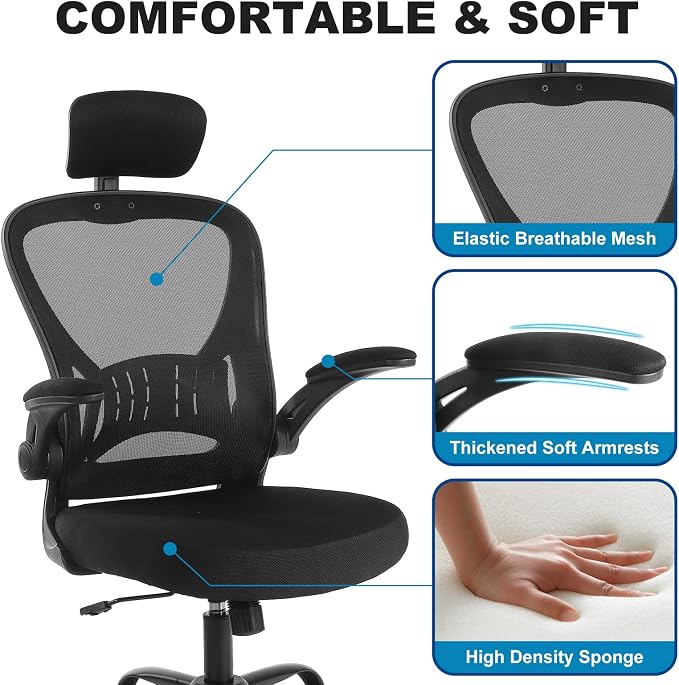 Youhauchair Adjustable Mesh Ergonomic Office Chair with Wheels, Black | Flip-up Arm, Lumbar Support, Height Adjustable, Breathable, Rocking, Mid Back Swivel Compurter Chair with Headrest, Set of 1