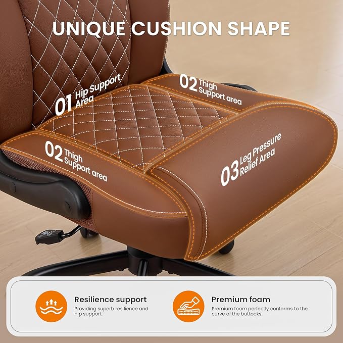 Leather Office Chair, 300lbs Heavy Duty Mid-Back Desk Chairs with Flip-up Armrests, Space-Saving Swivel Task Chair with Wheels, Adjustable Height and Ergonomic Back Support, Brown