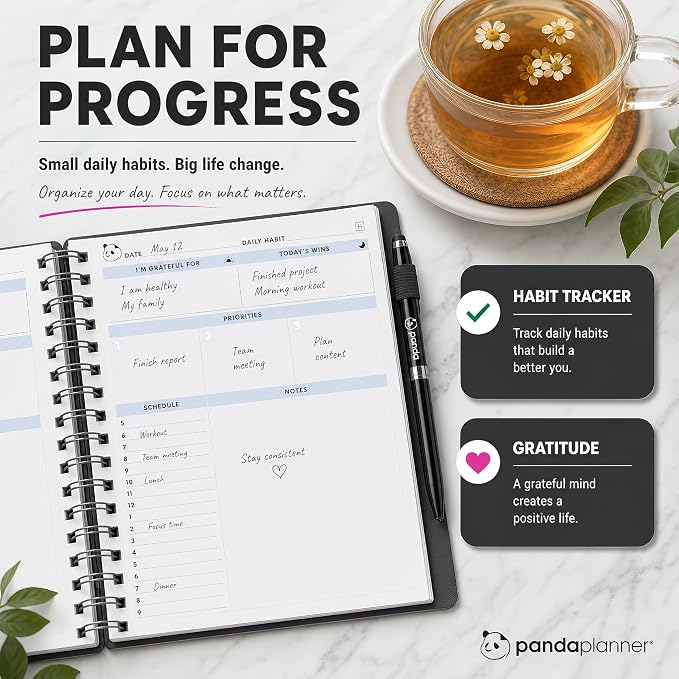 Panda Planner 2026 Undated Daily Planner 5.75" x 8.25", Gray | 90-Day Spiral Academic, Productivity Planner, Hourly Schedule, To-Do List, Monthly Calendar, ADHD-Friendly Panda Journal