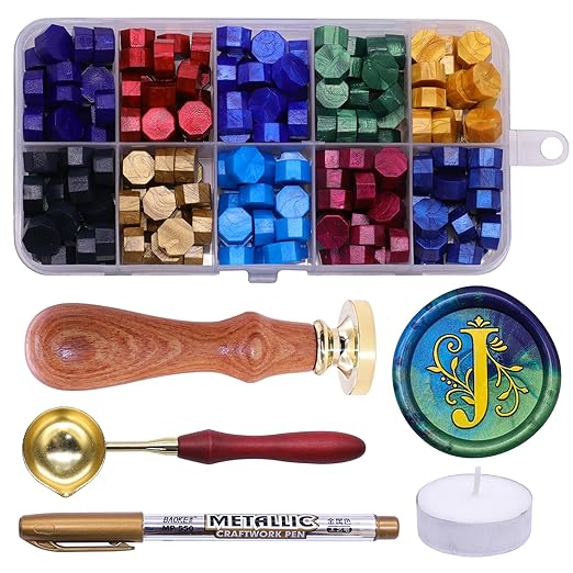 SWANGSA Initial Alphabet J Wax Seal Stamp Kit, Classic Retro Letter Sealing Stamp with 200pcs Sealing Wax Beads Kit for Wedding Invitations Cards Envelopes (J)