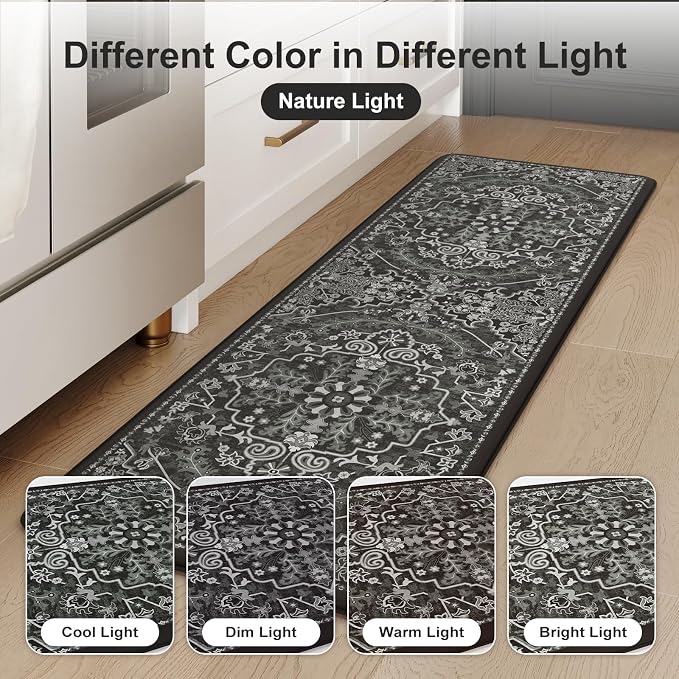 KIMODE Anti Fatigue Kitchen Mat Cushioned, Boho Kitchen Rugs Sets of 2 | Non Slip Memory Foam Kitchen Mat for Floor, Distressed Standing Desk Mat for Laundry Office Sink 17.3"x29"+17.3"x59" Black