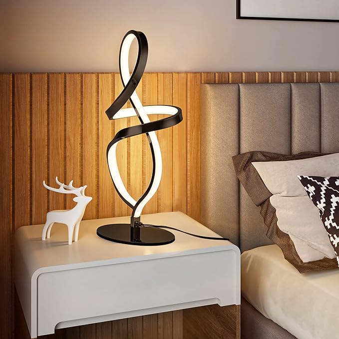 Mayful Modern Table Lamp with LED Unique Spiral Design, Small Nightstand Lamp with Stepless Dimming Switch, Black Bedside Lamps for Bedroom, Nightstand, Living Room, Office, Desk, 12W 3200K Warm White
