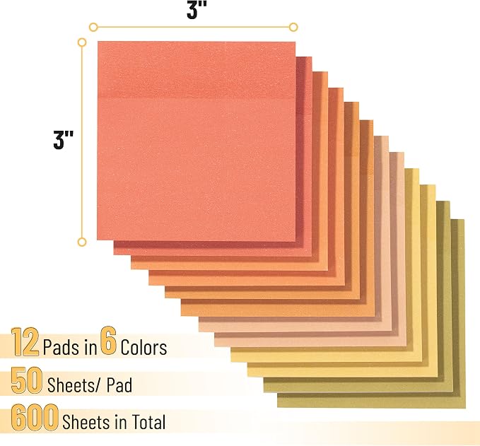 Mr. Pen- Sticky Notes, 3"x3", 12 Pads, 600 Sheets, Autumn Earth | Sticky Notes Bulk, Self-Stick Note Pads, Perfect for Office, School, Home, Study & Organization