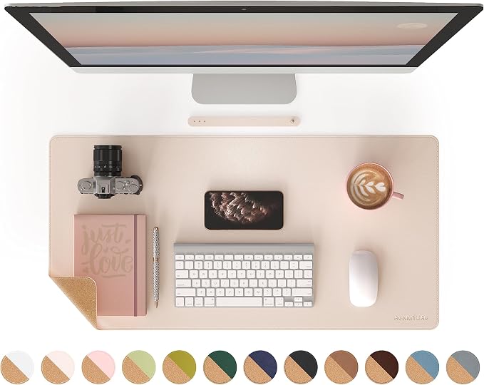 RENMTURE Dual-Sided Mouse Pad, Natural Cork & PU Leather Large Desk Pad for Office and Home Work, Desk Protector Non-Slip, Waterproof, Easy Clean (Apricot, 32"x16")