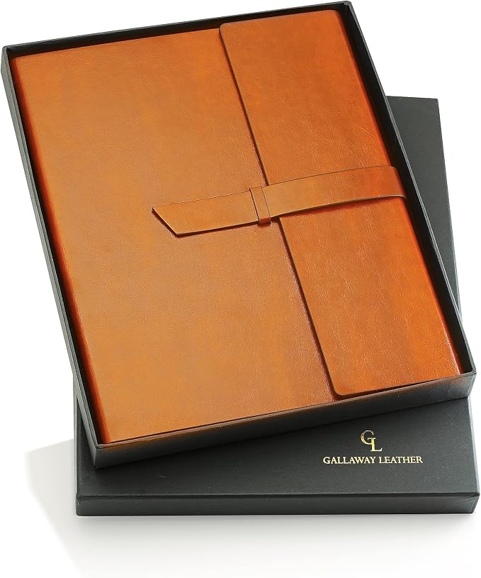 GALLAWAY LEATHER Padfolio Folder – Slim Portfolio Organizer Holder for Letter Legal A4 Note Pads Notebooks for Men and Women Refillable Business Leather Folio Binder, Brown