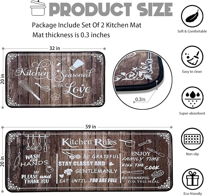 Kitchen Rug Sets of 2 Piece Non Slip Kitchen Rugs and Mats Washable Kitchen Mats for Floor Kitchen Carpet Runner Rugs Decor for Laundry Bathroom Living Room,Brown Kitchen Rules 20"x 59"+20"x 32"