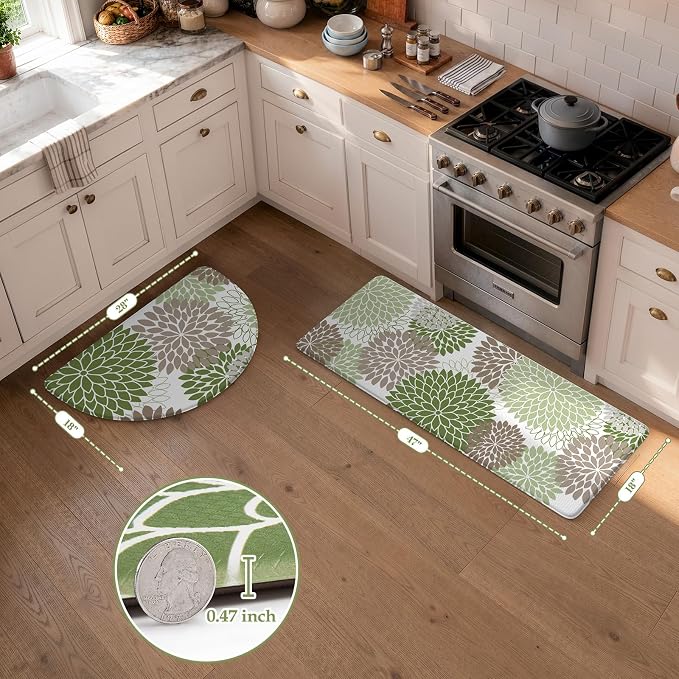 KIMODE Half Circle Anti Fatigue Mats for Kitchen Floor Rug Sets of 2 | 18"x28+18"x47",Sage Green,Dahlia Floral Boho,Kitchen Rug 2pcs,Non Slip,Waterproof,for Sink Office Laundry Bathroom Decor