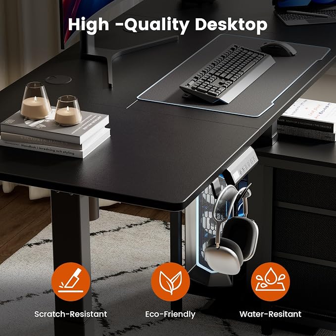 REAHOME 55 Inch Black Electric Height Adjustable Standing Desk with Drawers | Dual Motor Sit-Stand Frame With 3 Memory Presets, Printer Cabinet, Hooks & Cable Management For Home Office Gaming Desk