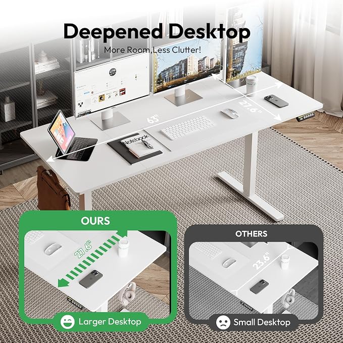 Large Electric Standing Desk,63x28 Inches Adjustable Height Stand up Desk, Sit Stand Home Office Desk, 3 Preset Heights,Equipped with Hooks,Ergonomic Computer Desk Workstation，White