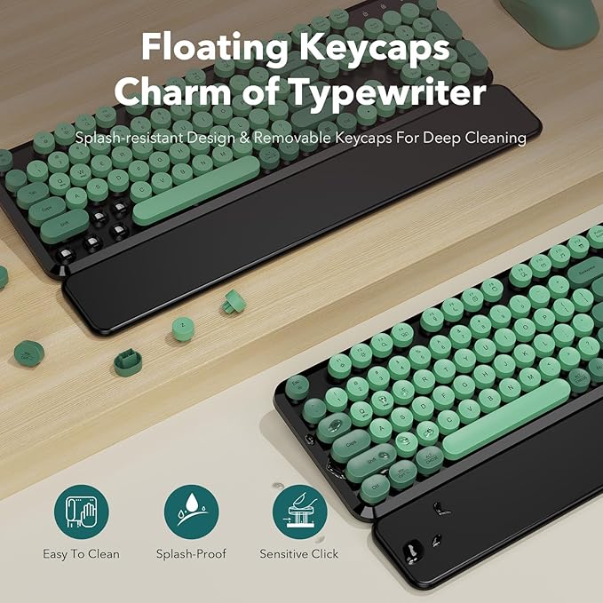 Wireless Keyboard and Mouse Combo-Round Keycaps, Full-Size Retro Typewriter Keyboard with Detachable Wrist Rest, Sleep Mode & Tilt Legs, 2.4GHz Cordless Connection for Mac/Windows/PC (Black & Green)