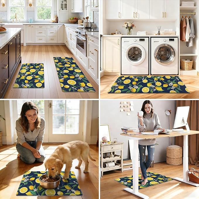 SHACOS Anti Fatigue Lemon Kitchen Rugs Mats Set of 2 Pieces Non Slip Soft Cushioned Standing Desk Mats Wipeable Waterproof Floor Mat for Kitchen Laundry, 17"x27.5"+17"x47", Dark Blue