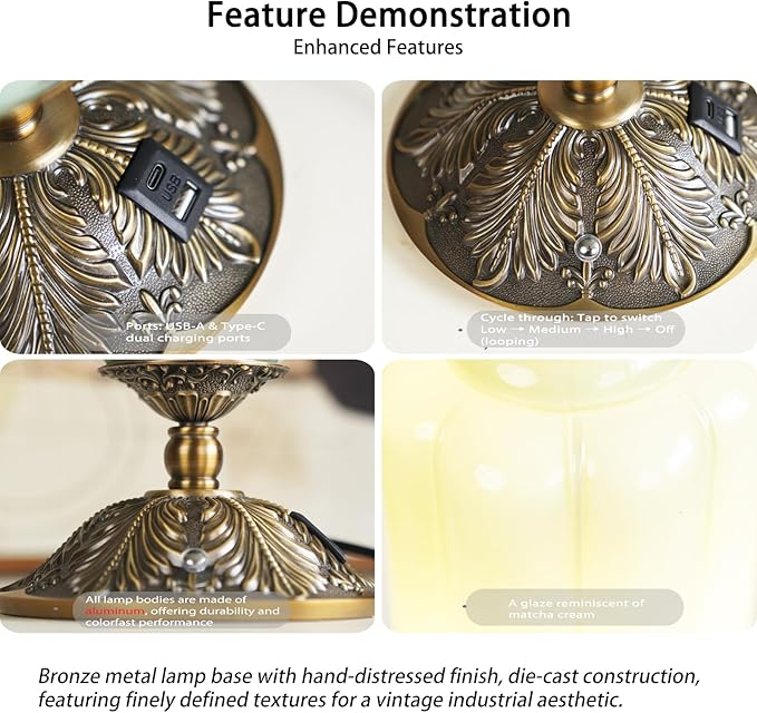 Vintage Touch Bedside Table Lamp, Elegant Green Glass Bedside Desk Lamp 3 Way Dimmable with USB C+A Charging Ports - Bedroom Nightstand & Living Room Essential (Vintage White, 6.5)